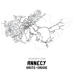 Black and white map of Annecy, Haute-Savoie, France.