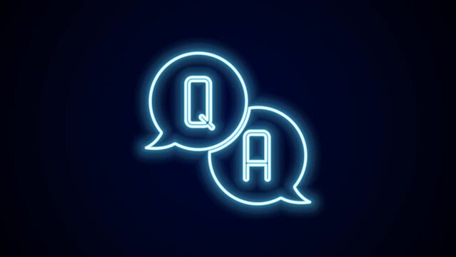Glowing neon line Speech bubbles with Question and Answer icon isolated on black background. Q and A symbol. FAQ sign. Chat speech bubble and chart. 4K Video motion graphic animation