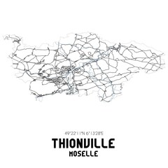 Black and white map of Thionville, Moselle, France.