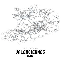 Black and white map of Valenciennes, Nord, France.