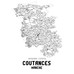 Black and white map of Coutances, Manche, France.