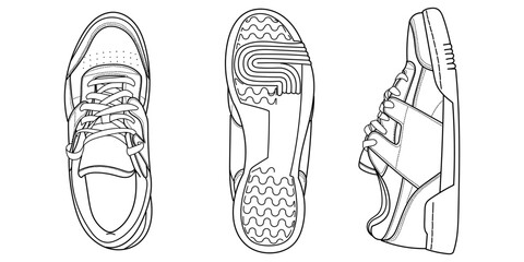 Set of hand drawn detailed sneakers, gym shoes. Classic vintage style. Outline doodle vector illustration. Sole, side and top view