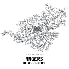 Black and white map of Angers, Maine-et-Loire, France.