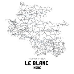 Black and white map of Le Blanc, Indre, France.