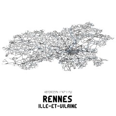 Black and white map of Rennes, Ille-et-Vilaine, France.