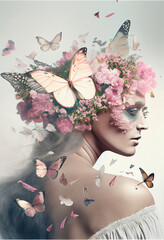 Flowers Butterflies Woman Double Exposure - AI Art