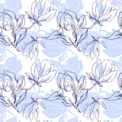 Drawn magnolias seamless pattern. Magnolia silhouette on a white background. Vector floral print. Home textiles. Spring. Flowering trees. ink. Sketch.