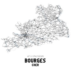 Black and white map of Bourges, Cher, France.