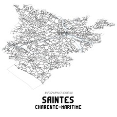 Black and white map of Saintes, Charente-Maritime, France.