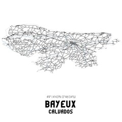 Black and white map of Bayeux, Calvados, France.