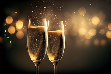 Two glasses of champagne on a dark background. Generative AI - obrazy, fototapety, plakaty