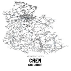 Black and white map of Caen, Calvados, France.