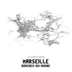 Black and white map of Marseille, Bouches-du-Rh�ne, France.