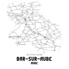 Black and white map of Bar-sur-Aube, Aube, France.