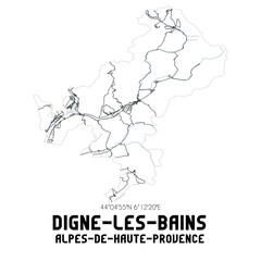 Black and white map of Digne-les-Bains, Alpes-de-Haute-Provence, France.