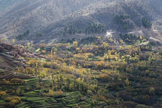 Overview of terraced farmland and homes, Marrakesh, Morocco