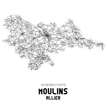 Black and white map of Moulins, Allier, France.