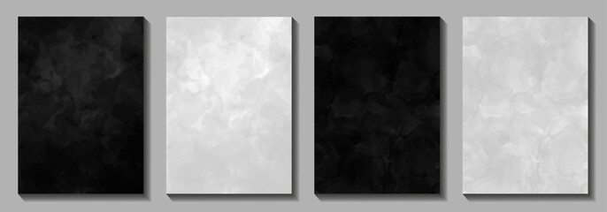 Black and white set watercolor texture for cover design, cards, flyer, brochure, poster, menu. Abstract hand drawn vector illustration. Monochrome grunge textured art background.