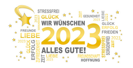 gute wünsche für das neue jahr 2023 mit goldener und grauer schrift und sternen