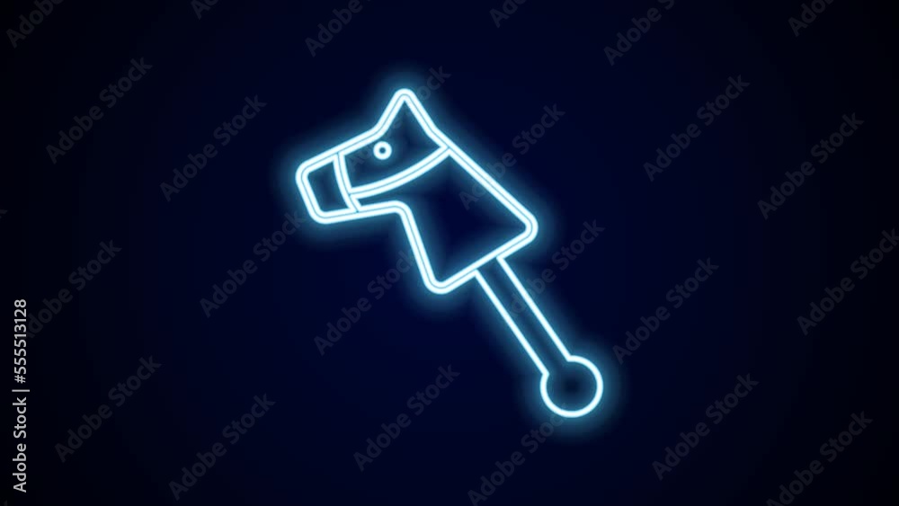 Poster Glowing neon line Toy horse icon isolated on black background. 4K Video motion graphic animation