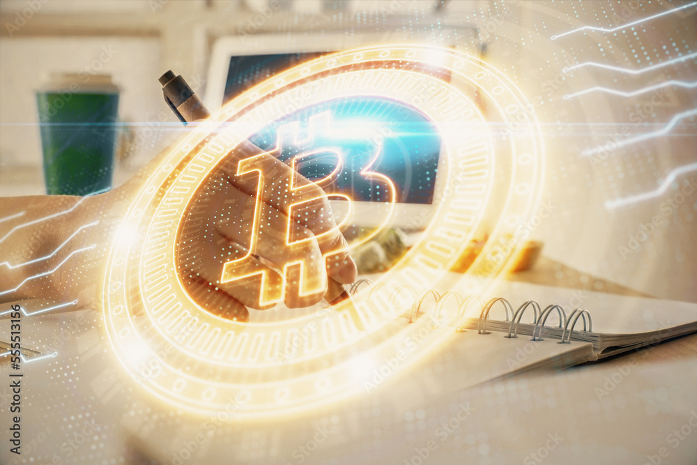 Poster cryptocurrency hologram, bitcoin, ico theme over hands taking notes background. concept of blockchai