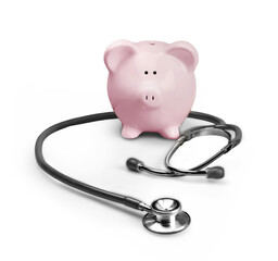 Cute colored piggy bank with a stethoscope