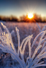 Morning photo of frozen leaves covered with frost, hoarfrost grass, bokeh, blurred, November, December