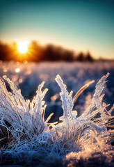 Morning photo of frozen leaves covered with frost, hoarfrost grass, bokeh, blurred, November, December