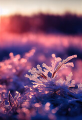 Morning photo of frozen leaves covered with frost, hoarfrost grass, bokeh, blurred, November, December