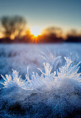Morning photo of frozen leaves covered with frost, hoarfrost grass, bokeh, blurred, November,...