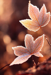 Morning photo of frozen leaves covered with frost, hoarfrost grass, bokeh, blurred, November, December