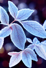 Morning photo of frozen leaves covered with frost, hoarfrost grass, bokeh, blurred, November, December