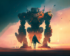 a fighter facing a giant mecha