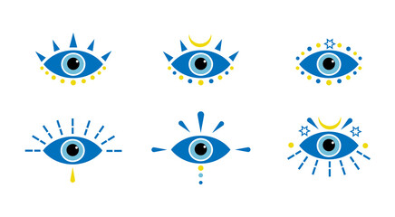 Vector conceptual blue evil eye symbols, talismans, amulets icons set, collection