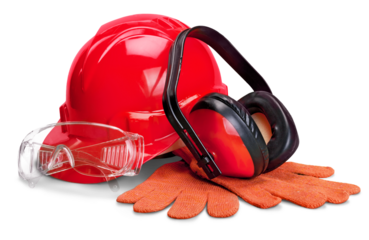 Yellow construction helmet and worker gloves