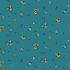 Seamless floral pattern, cute ditsy print with tiny flowers scattered loosely on blue background. Pretty flower surface with small hand drawn flowers, leaves. Trendy floral design, vector illustration