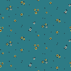 Seamless floral pattern, cute ditsy print with tiny flowers scattered loosely on blue background. Pretty flower surface with small hand drawn flowers, leaves. Trendy floral design, vector illustration