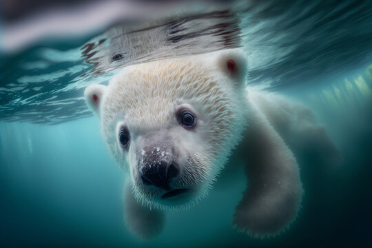 Cute Polar Bear Cub Paddling Underwater In An Icy Arctic Sea, Realistic Digital Illustration