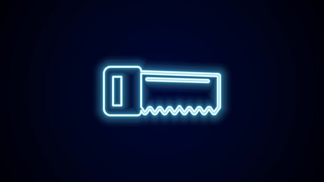 Glowing neon line Hand saw icon isolated on black background. 4K Video motion graphic animation
