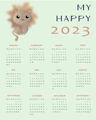 calendar for 2023 with animal lion, baby lion, cub, safari, kids illustration