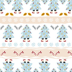 Christmas funny tree seamless pattern with traditional Christmas symbol. Vector hand drawn doodle in simple scandinavian cartoon style. limited palette for printing textiles and wrapping paper.