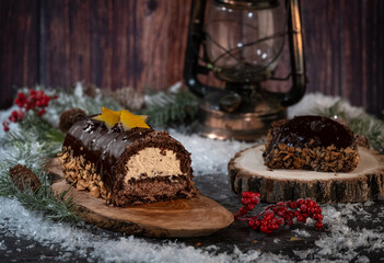 succulent chocolate Yule log in a Christmas decoration - 2