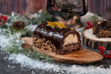 succulent chocolate Yule log in a Christmas decoration - 3