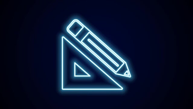 Glowing neon line Triangular ruler and pencil icon isolated on black background. Straightedge symbol. Drawing and educational tools. 4K Video motion graphic animation
