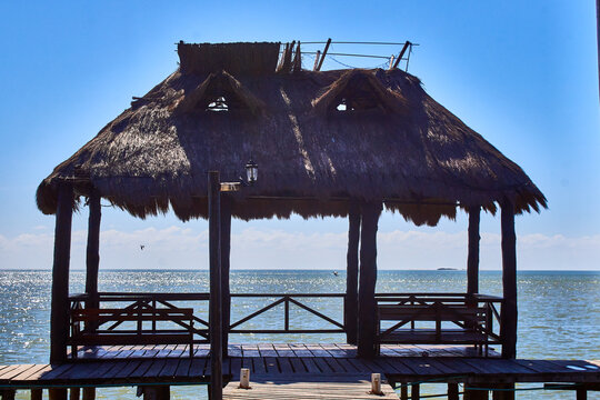 pavilion on the sea with blue background, lagoon of terminos in    isla aguada campeche 