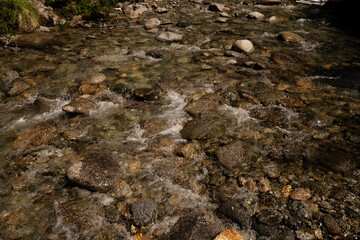 The rapids. Closeup view of the fresh water stream with a rocky bed.