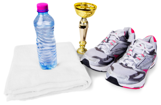 Sneakers, towel, bottle with water and cup isolated on white background
