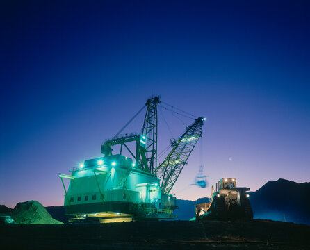 Open Cut Black Coal Mine, Dragline and Bulldozer, Dusk