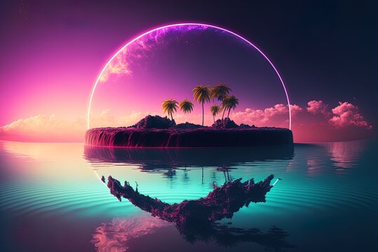 Seascape in the style of a future abstract painting, with a glowing circular neon feature in the middle. A tropical island with palm palm mirrored image of the sky and the ocean below. Generative AI