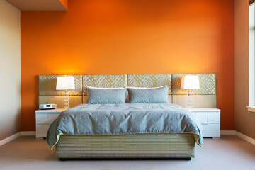 Modern Style Master Bedroom with Bold Colors and Custom Furniture